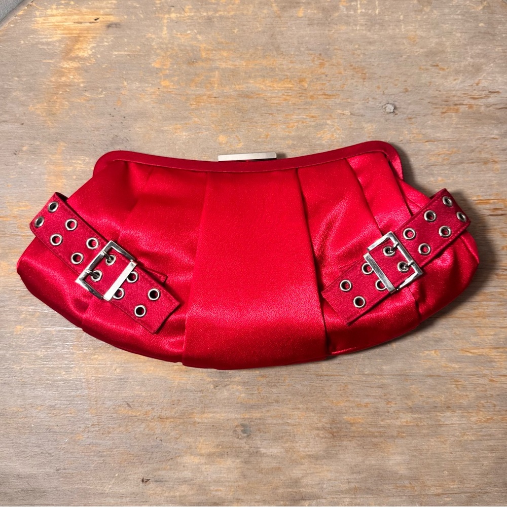 Vintage Bill Blass Red Satin Clutch with Silver Hardware